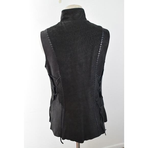 Tribe America Leather Vest Womens 6 Native Beaded Fringe Western Cowgirl Black - Picture 4 of 8